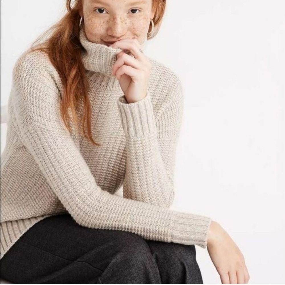 Madewell Ribbed Turtleneck Tunic Sweater Cream Merino Wool Blend Size Large